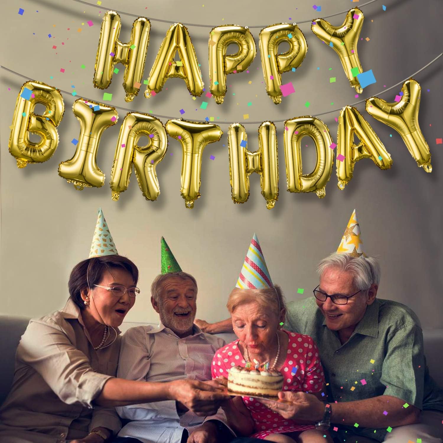 Gold Happy Birthday Balloons Banner with Ribbon Straw - Image 4