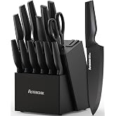 Astercook 15 Pieces Kitchen Knife Block Set with Sharpener, Black | Built-in Sharpener Block, Dishwasher Safe, German Stainless Steel, Ergonomic Handle, Kitchen Weddings Birthdays Gift