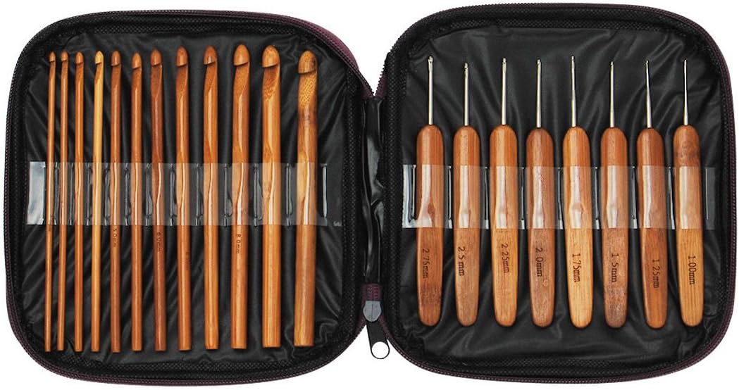 Xseries Auto Bamboo Crochet Hooks Kit Flat Ergonomic Craft Knitting Stainless Steel Needle with Compact Carry Case 20PCS 3 to 10 mm Diameters