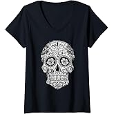 Women's Sugar Skull Black White Picture Day Dead Dia De Los Muertos V-Neck T-Shirt
