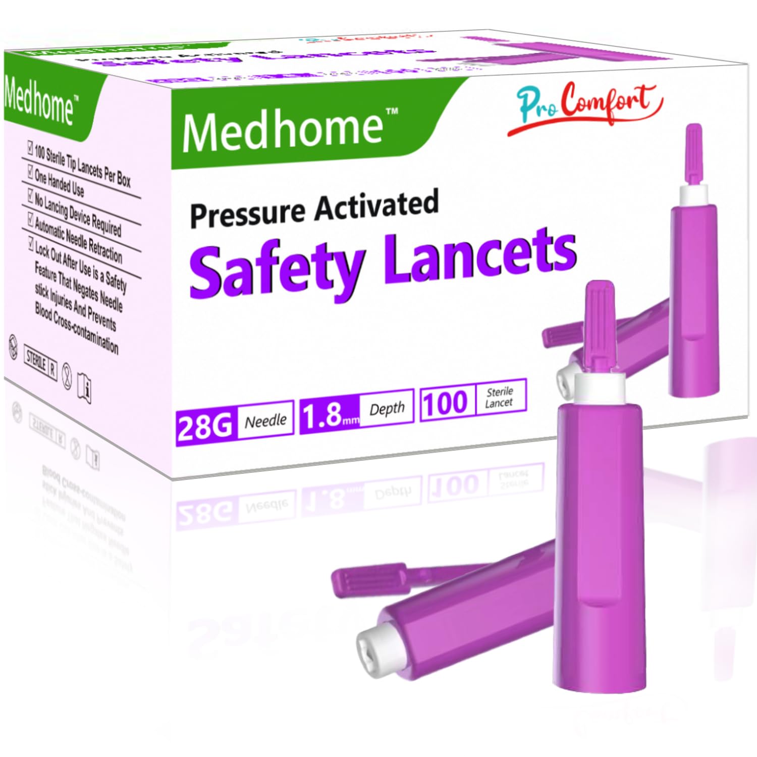Pressure Activated Safety Lancets, 100 Count, Sterile, Single Use and Gentle for Comfortable Testing(28 G)