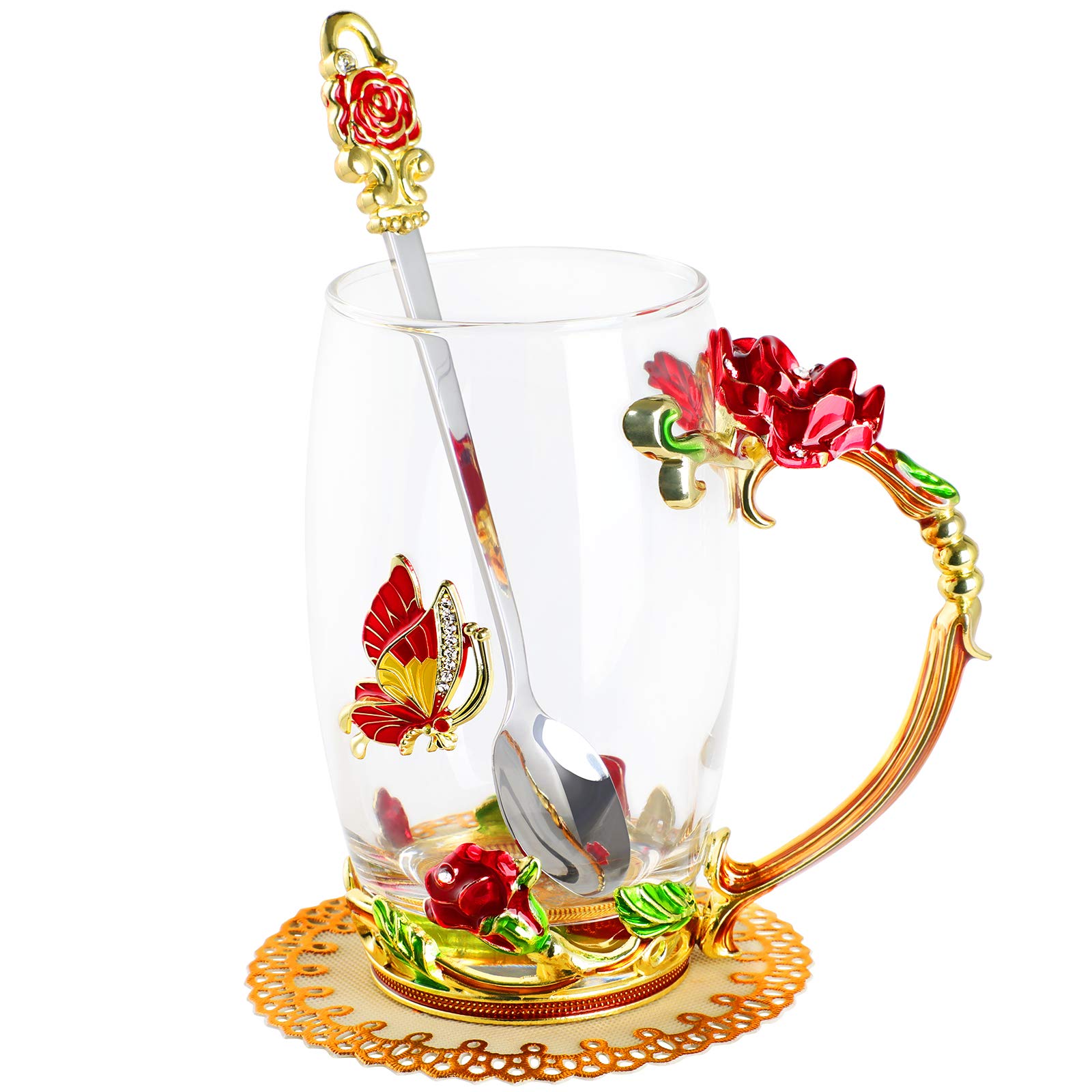 WD&CD Rose Butterfly Glass Tea Coffee Cups Mugs with Spoon and Coaster, Gifts for Her Girlfriend Wife Mum Women on Christmas Valentine's Day Mother's Day Anniversary, Red Tall