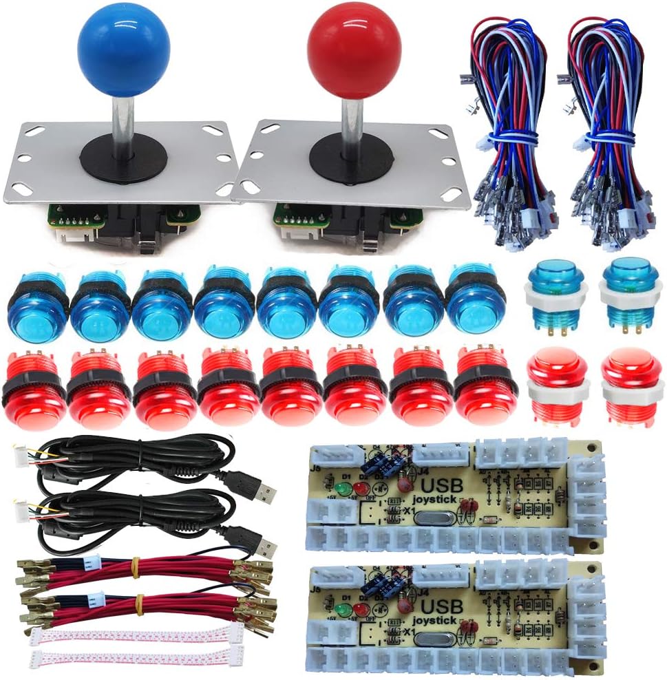 Tongmisi Arcade DIY LED Kit with Zero Delay USB Encoder to PC Arcade Games 8 Way Joystick + 5V LED Illuminated Arcade Push Buttons (Red and Blue)