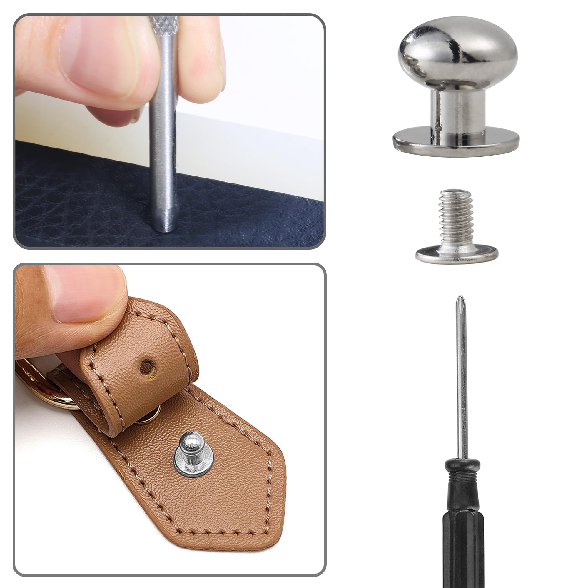 YORANYO 120 Sets Round Head Button Stud Assorted Sizes Button Screw Stud for Leather Chicago Screws Spikes and Studs Silver Leather Rivets for Repair Decorate Clothing Shoes Belts Bags Dog Collars