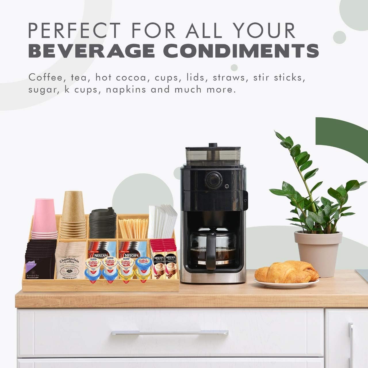 Coffee Condiment Organizer Coffee Bar Accessories 11 Compartment Brown Bamboo Coffee Station For Countertop
