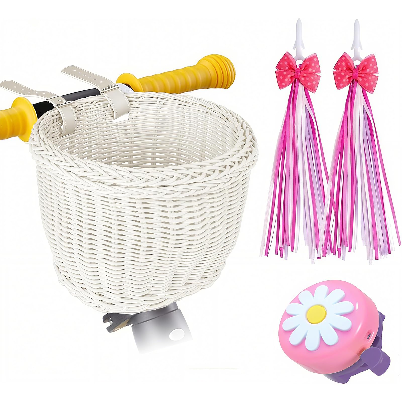 SVNR Kids Bike Basket, Girl Bike Basket White Handwoven, Bike Baskets for Kids, Children Cycling Basket with Spare Leather Straps, Bowknot Streamers and Bell Easy Install Detachable