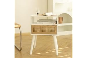 MaxSmeo White Nightstand with Drawer, Mid Century Modern Nightstand, Rattan Side Table, End Table with Storage for Living Room, Bedroom and Small Spaces, Easy Assembly (White)