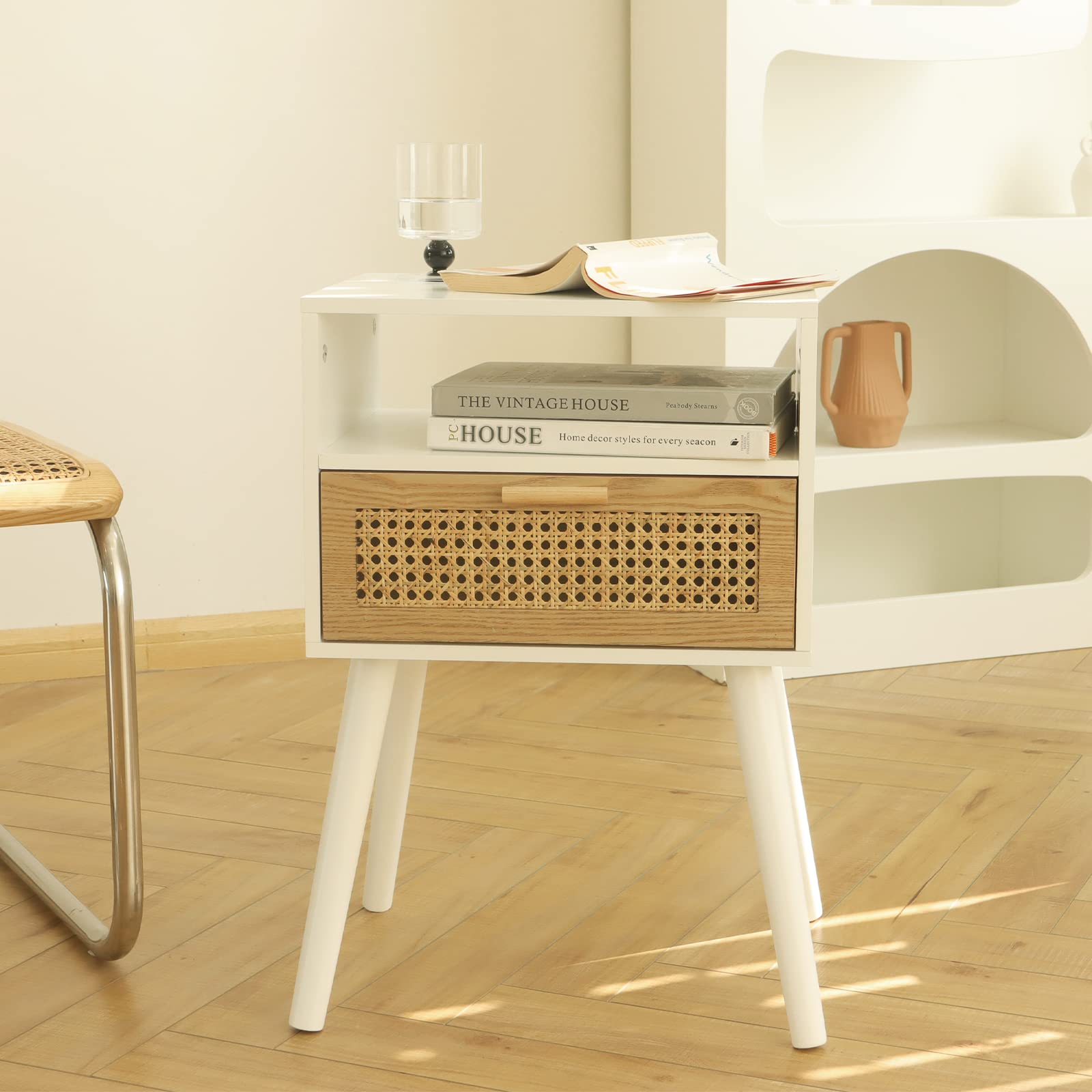 Photo 1 of MaxSmeo White Nightstand with Drawer, Mid Century Modern Nightstand, Rattan Side Table, End Table with Storage for Living Room, Bedroom and Small Spaces, Easy Assembly (White)