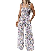 Happy Sailed Jumpsuits for Women Summer Casual Floral Print Sleeveless Jumpsuit High Waist Wide Leg Pant Rompers with Pockets