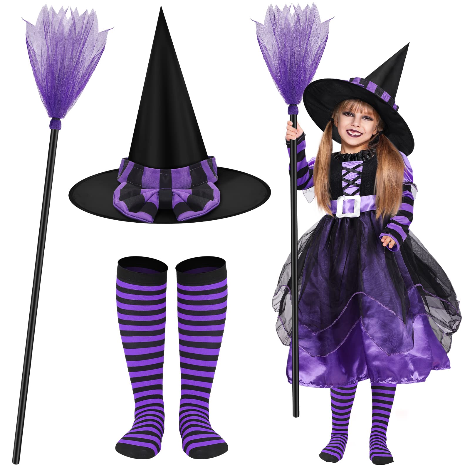 Photo 1 of 4 Pcs Halloween Fairytale Witch Cute Witch Costume Witch Hat Broom Tutu Striped High Stockings for Kids Girls (Purple, Medium)