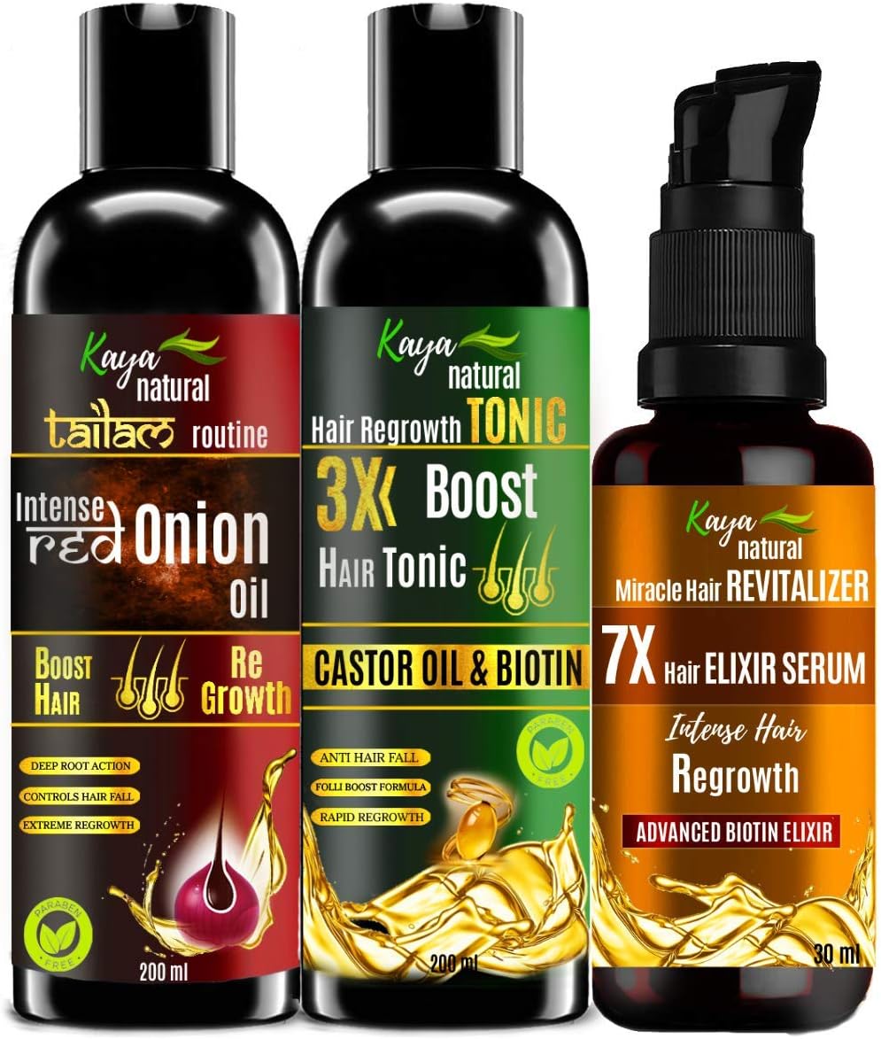 Kaya Naturals Onion Oil (200 ml), Castor Oil Hair Boost Tonic (200 ml) and Biotin Hair Elixir Serum (30 ml) Combo Pack | Complete Hair Growth and Hair Fall Control Routine
