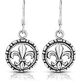 AeraVida Vintage Lily Flower in Detailed Circle .925 Sterling Silver Dangle Earrings | Simple Sterling Silver Dangle Earring for Women | Classic Jewelry Gift