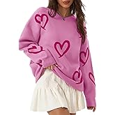 Saodimallsu Womens Oversized Heart Sweater Crew Neck Long Sleeve Knit Cute Valentines Pullover Sweaters