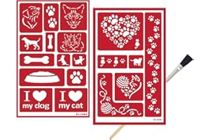 TRENDZEEN 2 Etching Stencils Reusable Template - Kitty Stencils for Painting, Crafting - Kitty Cat Etch Stencil, Puppies, Cat Paw Print Theme - Self Stick Stencil Set with Brush