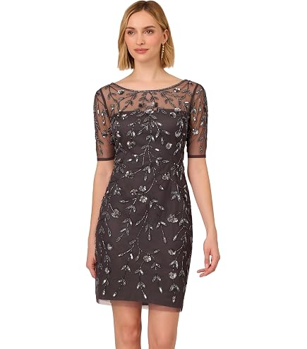 Adrianna Papell Women's Bead Crepe Shift Dress, Midnight/Rosegold, 4 : Clothing, Shoes & Jewelry