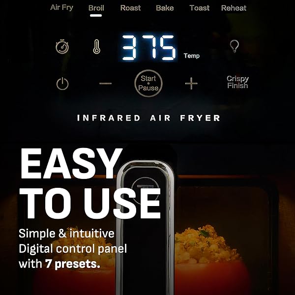 T-FAL INFRARED AIR FRYER, PREMIUM UNDERHEAT TECHNOLOGY, 5 LITER, NO PREHEAT, VISIBLE WINDOW, 7 COOKING PROGRAMS, EXTRA CRISP, FASTER, JUICIER, EY8158U0