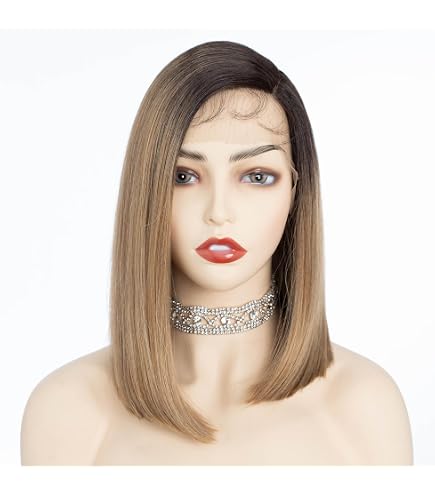 Short blonde Asymmetrical bob Lacefront wig 2020 Asymmetrical Short Bob Wigs with Highlights Lace Front Human  main image 4