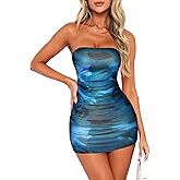 OZICERD Summer Tube Mini Dresses for Women Trendy Y2k Ruched Going Out Club Rave Outfit Bodycon Short Bandeau Dress