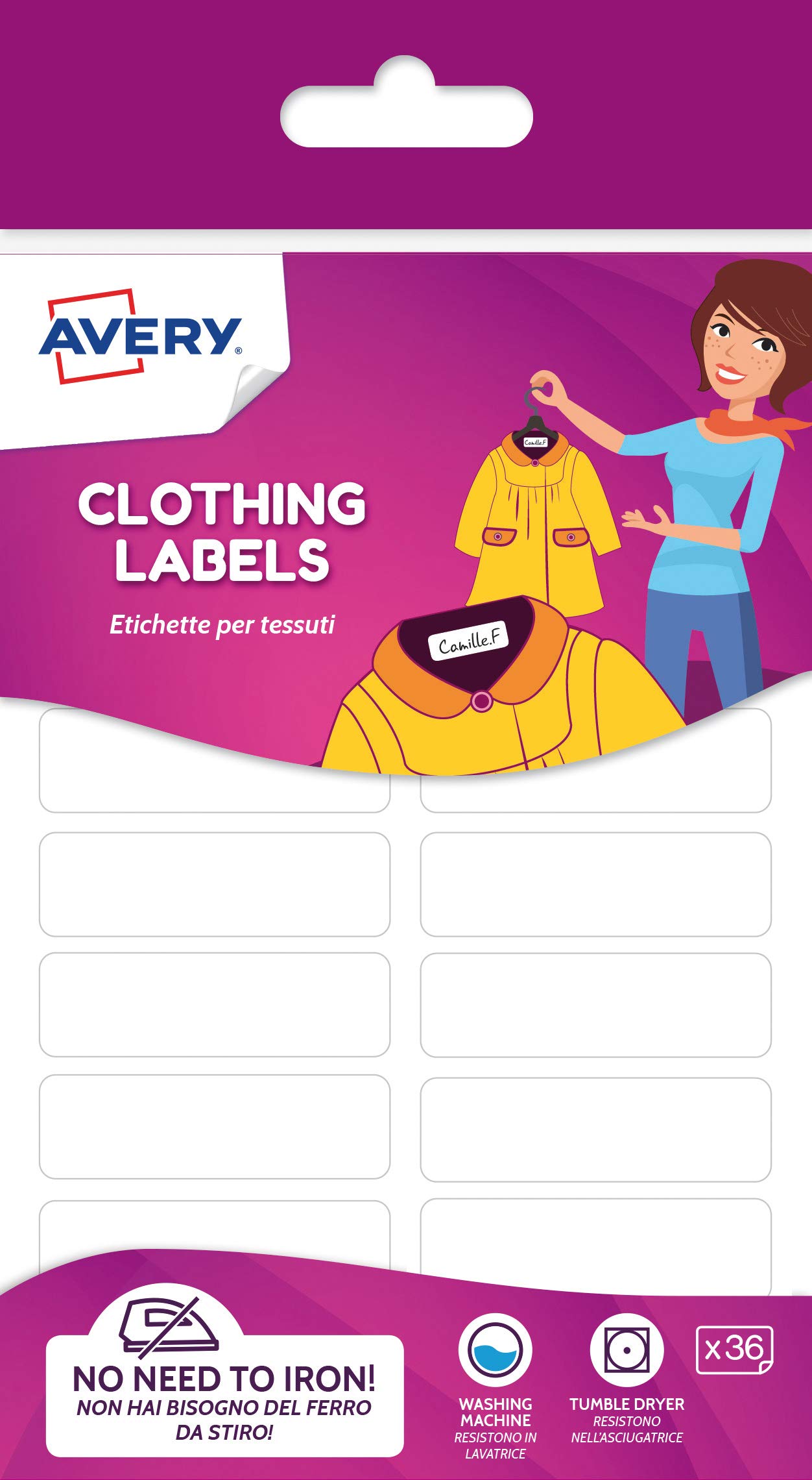 Avery Spain ETVET36-UK. Iron-On Clothing Labels 45x13mm 36 Labels per Envelope