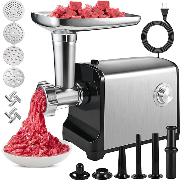 ELECTRIC MEAT GRINDER, [3200W MAX] MEAT GRINDER HEAVY DUTY FOR HOME USE, SAUSAGE STUFFER WITH 2 BLADES, 4 GRINDING PLATES, 3 SAUSAGE TUBES, KIBBE KIT, STAINLESS STEEL (BLACK)