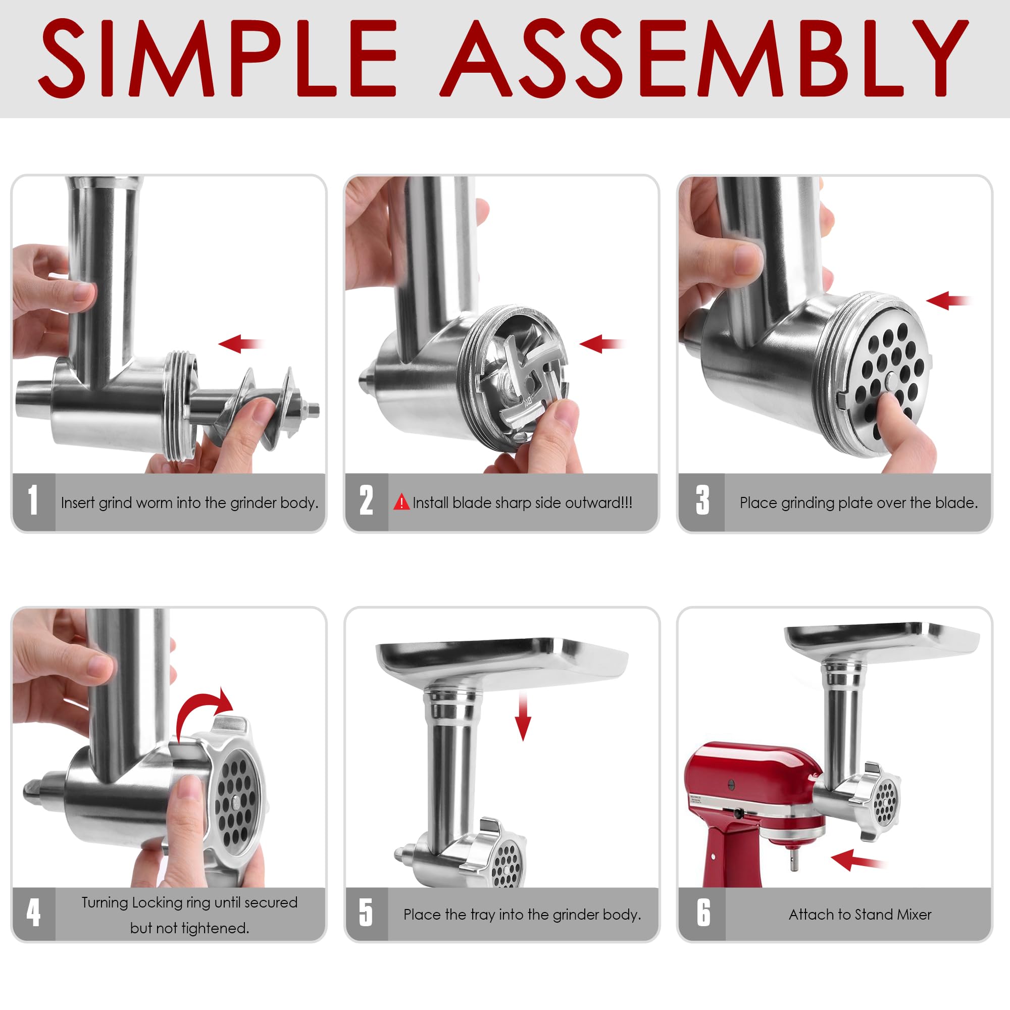 Metal Grinder Attachment for KitchenAid Stand Mixers, Meat Grinder Attachment, Sausage Stuffer, Food Grinder Attachment, Mixer Attachments for KitchenAid, Silver(Mixer Not Included)