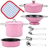 Kids Play Kitchen Toys Pretend Cooking Pink Stainless Steel Pots and Pans Metal Kitchen Set with Utensils (11 Pieces)