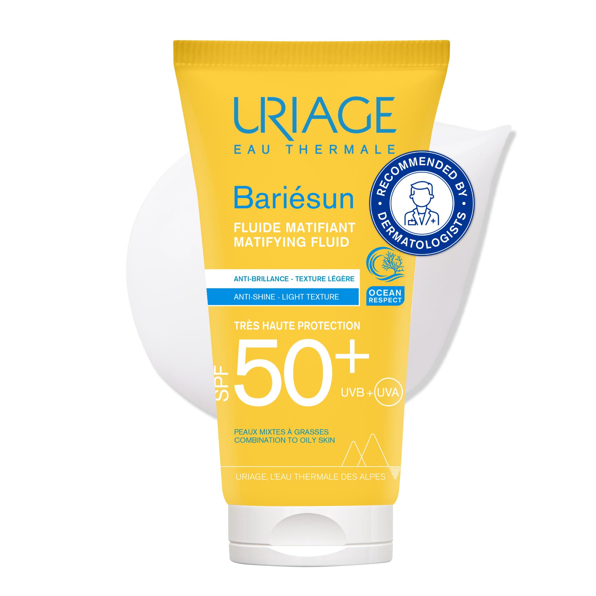 Uriage Bariésun Eau Thermale Matifying Fluid SPF50+ 50ml - Hydrating Matifying Skin Protection - Combination to Oily Skin - Fast Absorption, Anti-Shine, Light Texture - Eco-Friendly Packaging