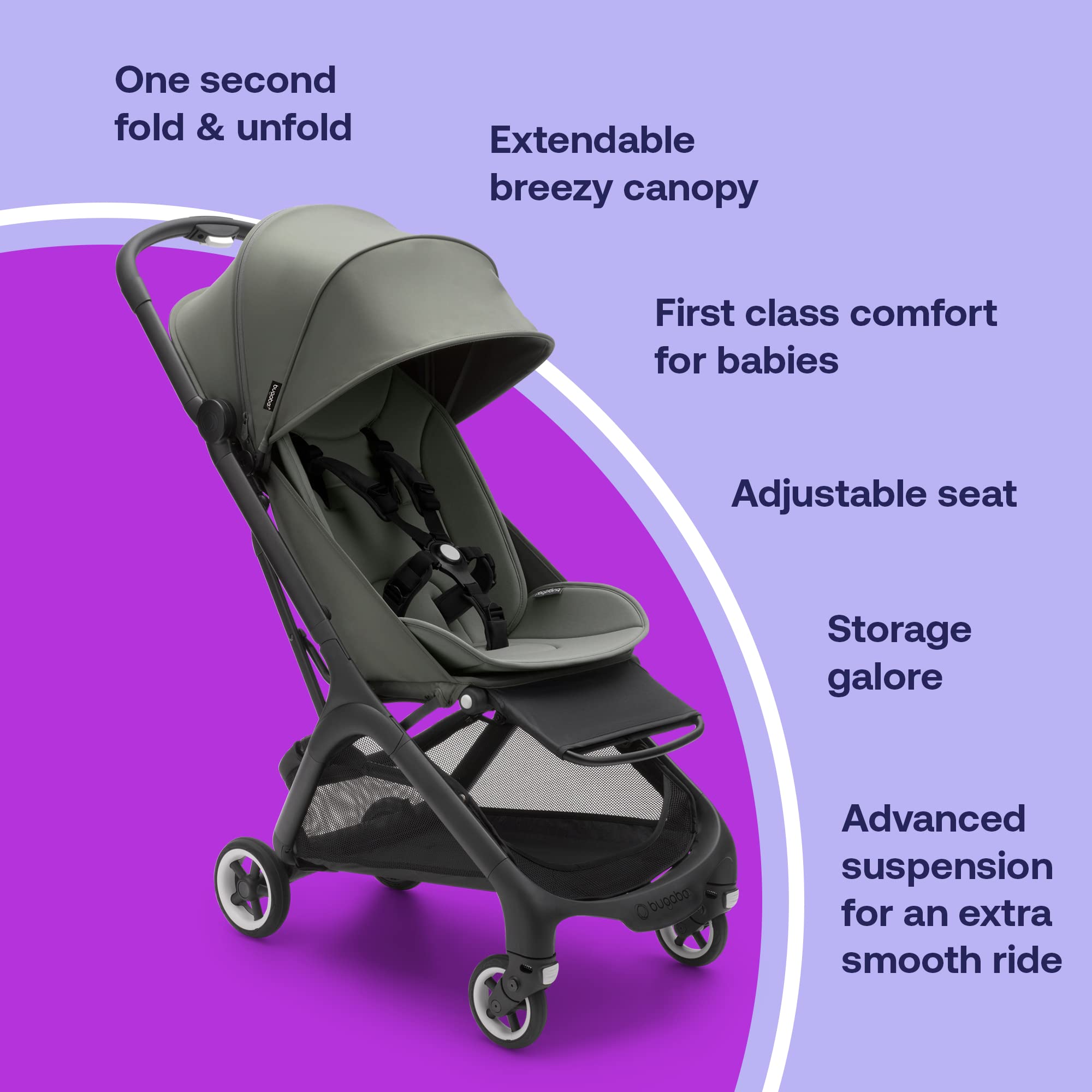 Bugaboo Butterfly - 1 Second Fold Ultra-Compact Stroller, Comfort Wheeled Board +, Butterfly Bumper Bar, Forest Green