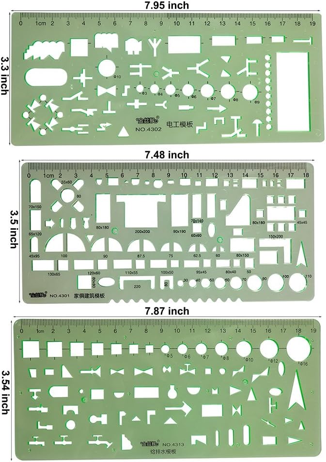 CSPRING 6PCS Plastic Clear Green Color Measuring Templates Geometric Rulers for Office and School, Building Formwork, Drawings Templates: Home & Kitchen
