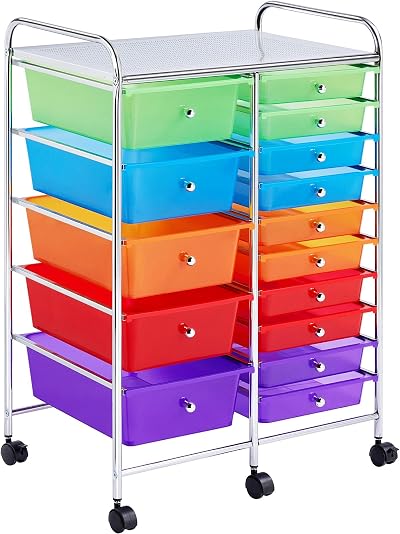 Yaheetech 15 Drawer Plastic Storage Cart with 6 Lockable Wheels Multicolor