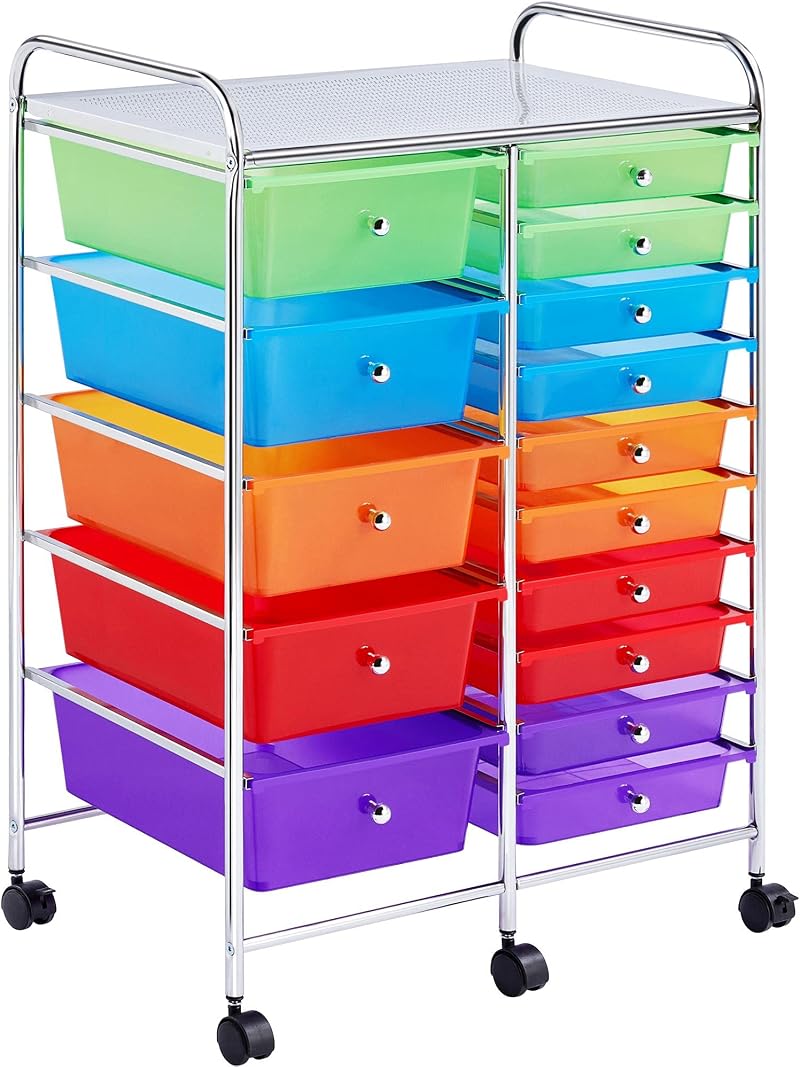 Yaheetech 15 Drawer Plastic Storage Cart with 6 Lockable Wheels Multicolor