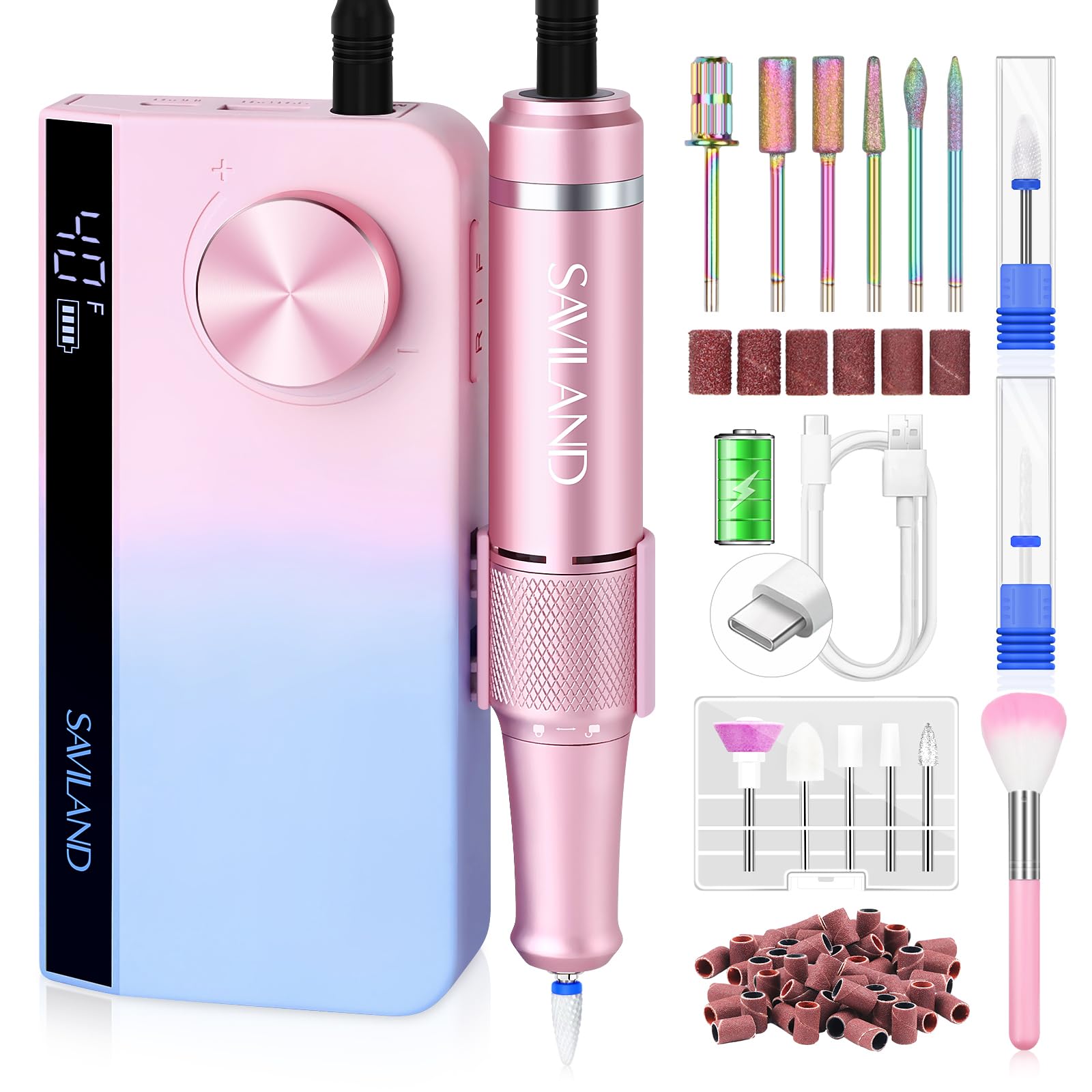 Saviland Portable Electric Nail Drill - 40000 RPM Electric Nail File for Acrylic Nails Professional with Ceramic Corn Head Nail Drill Bits for Nails Manicure Tools and Pedicure Kit Salon Use