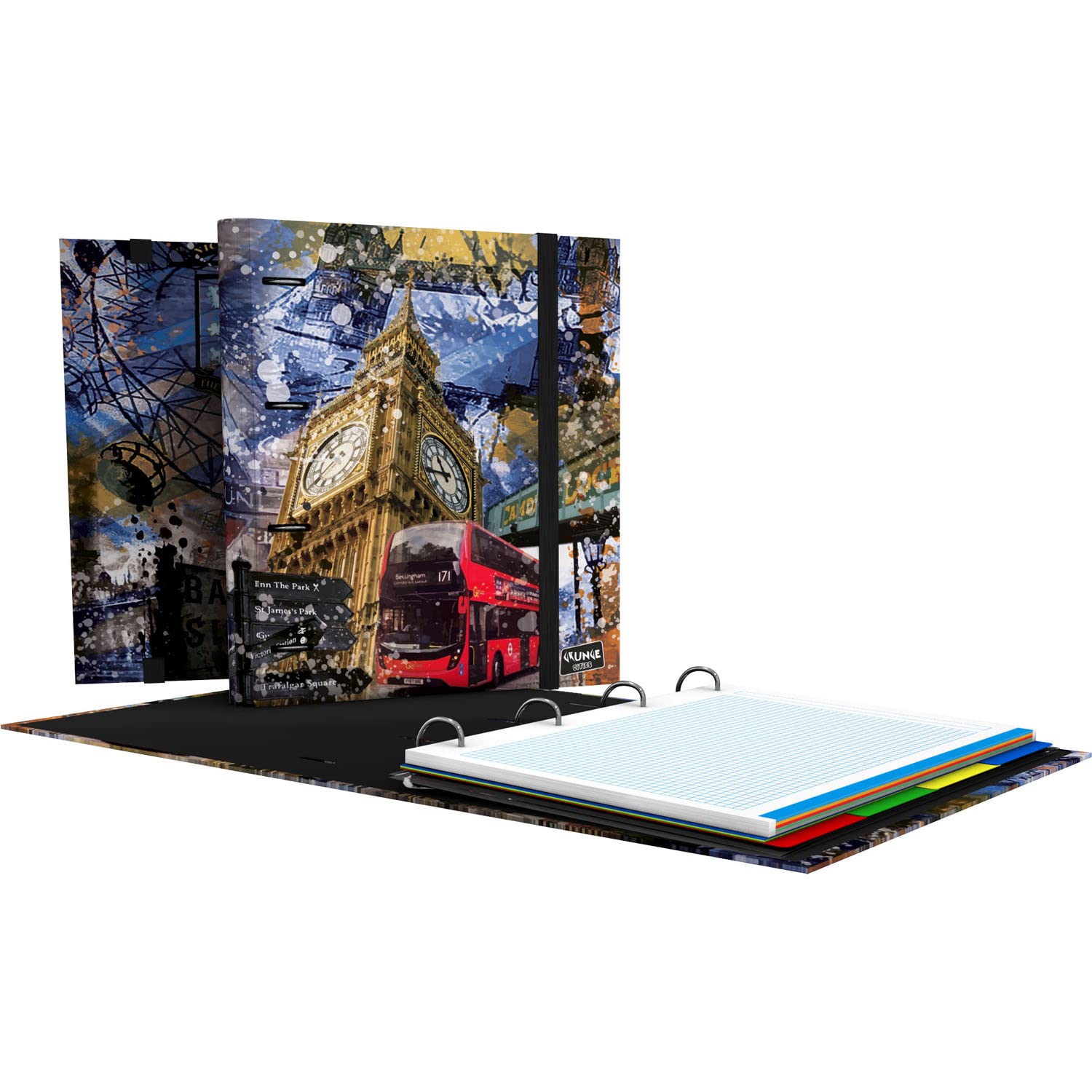 Grafoplás 88102645.Folder A4 Die-Cut Rings, Refill Grunge Cities Collection, Dividers, Transparent Envelope, Curved Back, Carpebook, Grunge Cities Collection, London