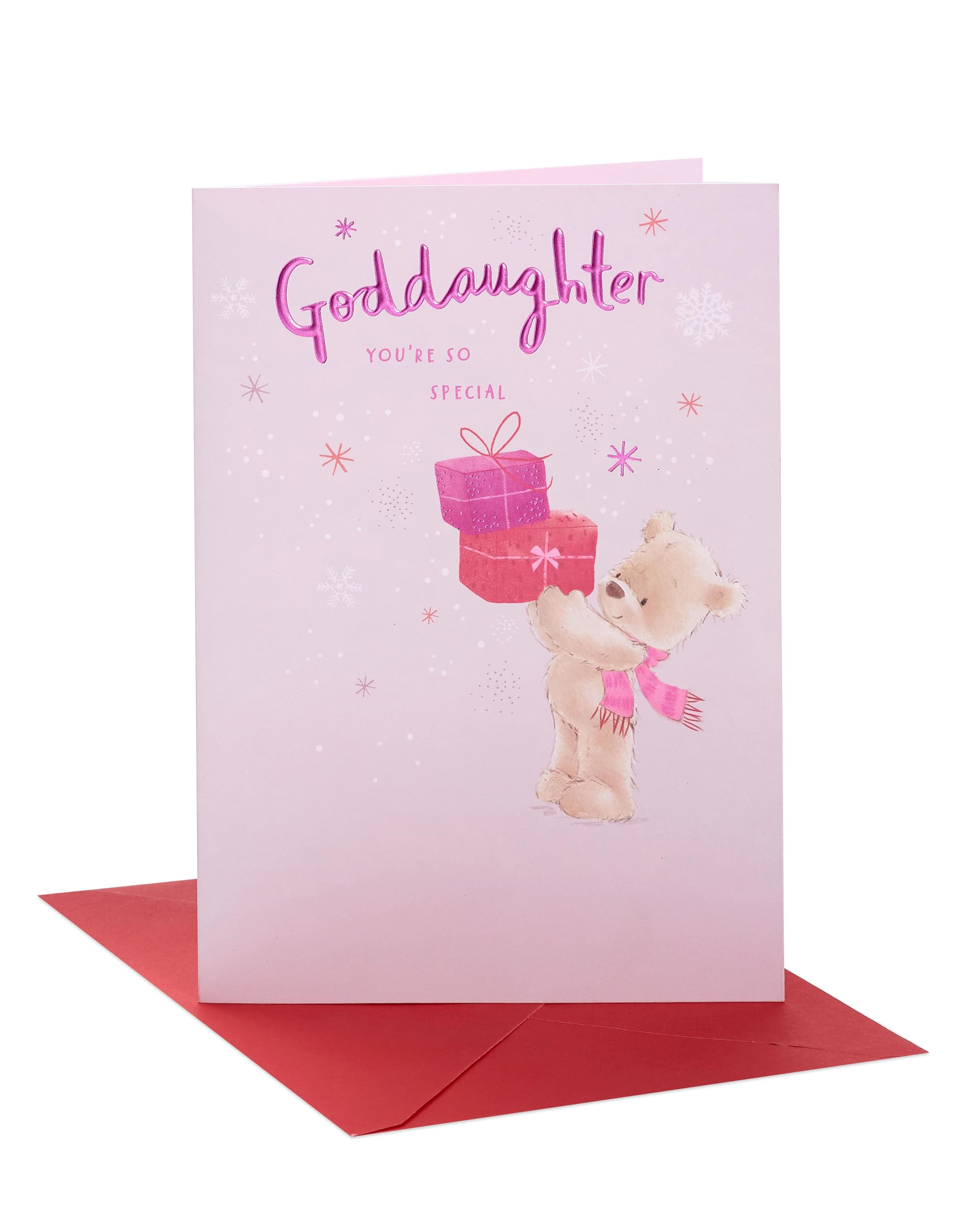 UK Greetings Christmas Card for Goddaughter - Teddy & Presents Design
