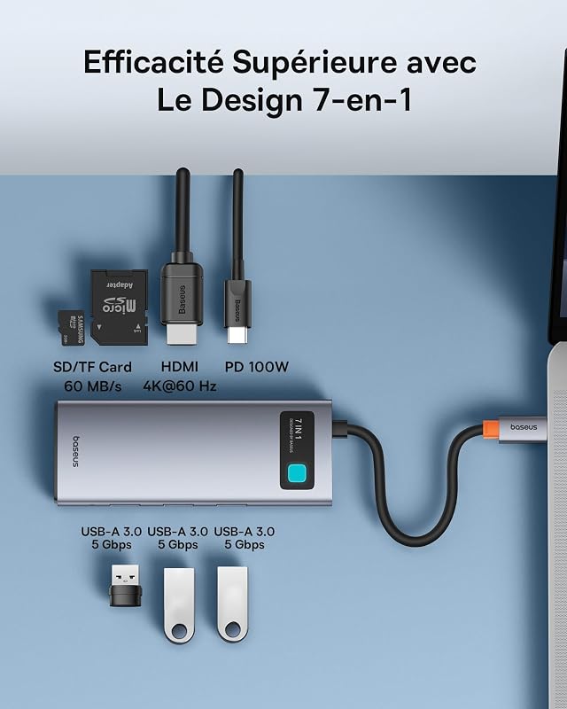 Hub USB C 7 en 1 Adaptateur avec 4K@60Hz HDMI, PD 100W, 3 USB-A 3.0 5Gbps, Lecteur Carte SD/TF, Stations d'accueil pour Ordinateur Portable MacBook/Surface Pro/iPad/Steam Deck/Rog Ally/Samsung