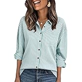 PEHMEA Women's Striped Button Down Shirts Long Sleeve Cotton Blouse with Pocket for Casual Office Daily