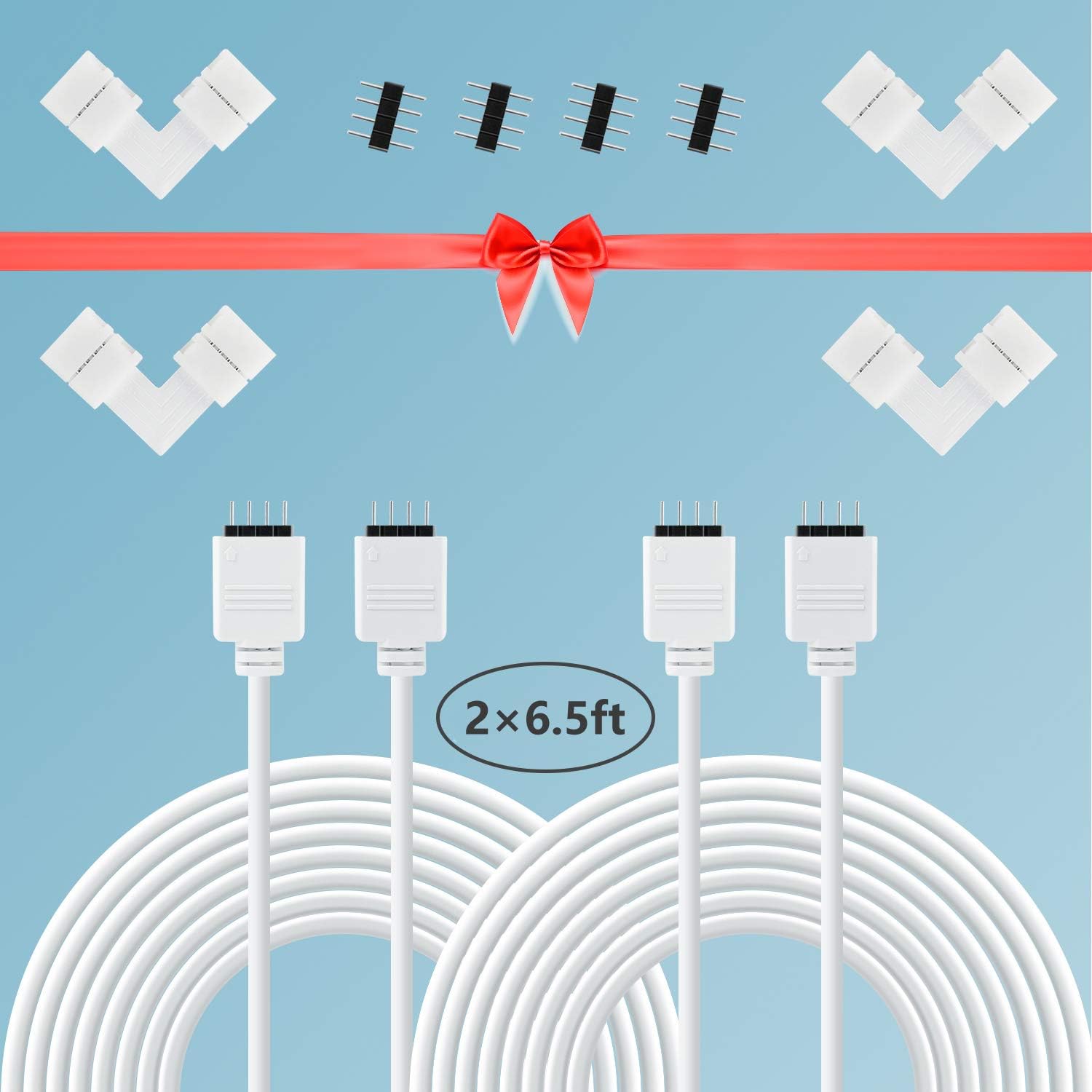 LED Strip Connector, 2 Pack 2M/6.5ft Extension LED Strip Light Cable Wire Cord, 10mm-Wide 4 Pin L Shape Connectors, 4 Pin 5050 RGB Connector Male, RGB Extension Cable