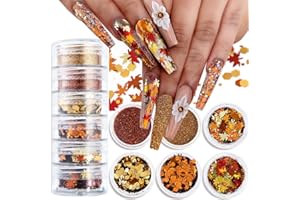 QDSUH Fall Nail Art, 6 Boxes Fall Leaves Nail Glitters 3D Gold Maple Leaf Nail Sequins with Glitter Powder Gold Yellow Red Autumn Leaves Nail Art Flakes Thanksgiving Nails Design for Acrylic Nails