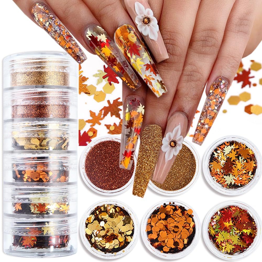 Photo 1 of Fall Nail Art, 6 Boxes Fall Leaves Nail Glitters 3D Gold Maple Leaf Nail Sequins with Glitter Powder Gold Yellow Red Autumn Leaves Nail Art Flakes Thanksgiving Nails Design for Acrylic Nails