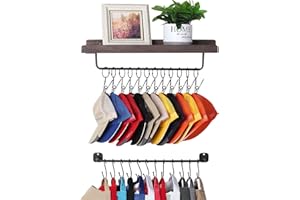 HYDERMUS Hat Rack for Wall with Shelf for 24 Baseball Caps Metal Hat Organizer with 12 Clips and 12 Hook Hat Holder Wall Mounted for Baseball Caps Trucker Hat and Others Hat Weathered Walnut