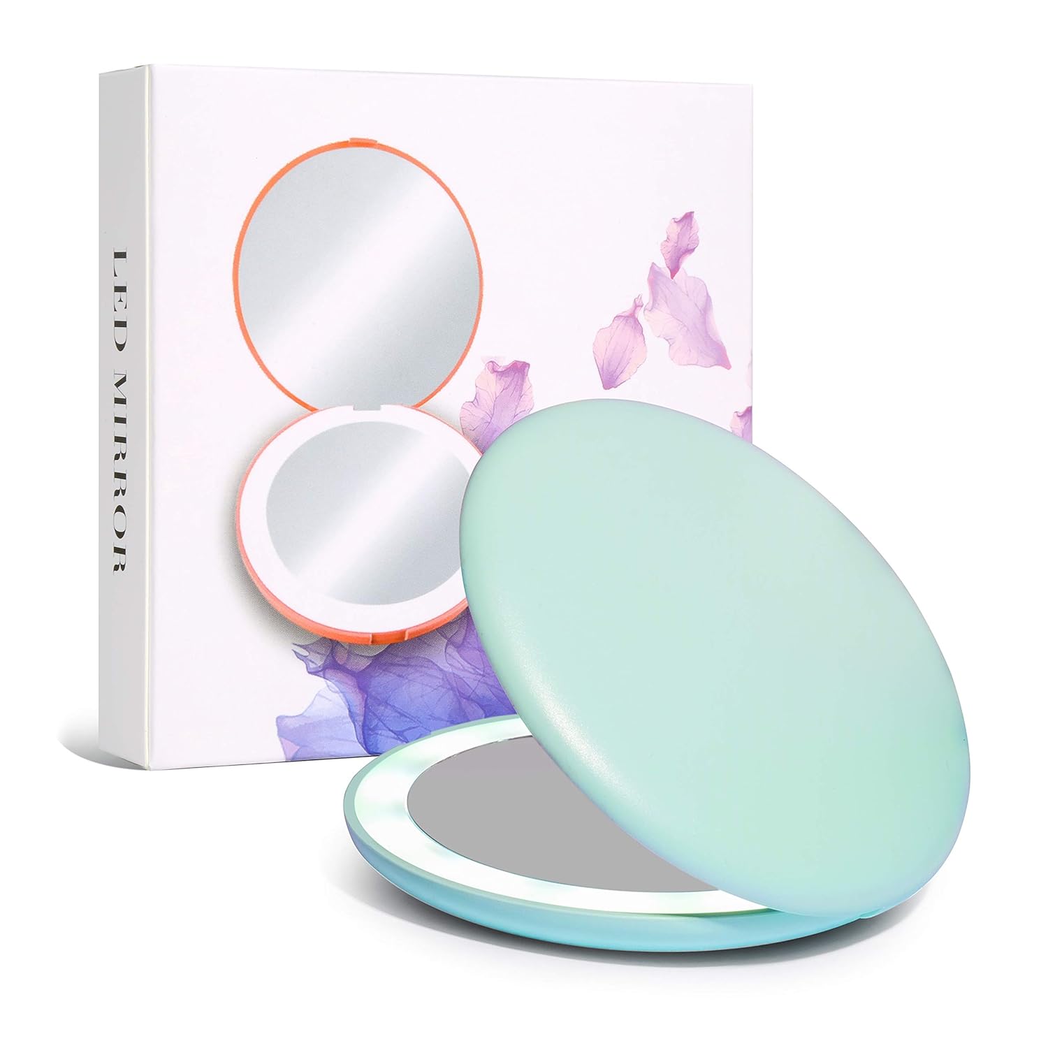 wobsion LED Lighted Travel Makeup Mirror, 1x/10x Magnification Compact Mirror, Portable for Handbag, Purse, Pocket, 3.5 inch Illuminated Folding Mirror, Handheld 2-Sided Mirror, Round, Cyan : Beauty