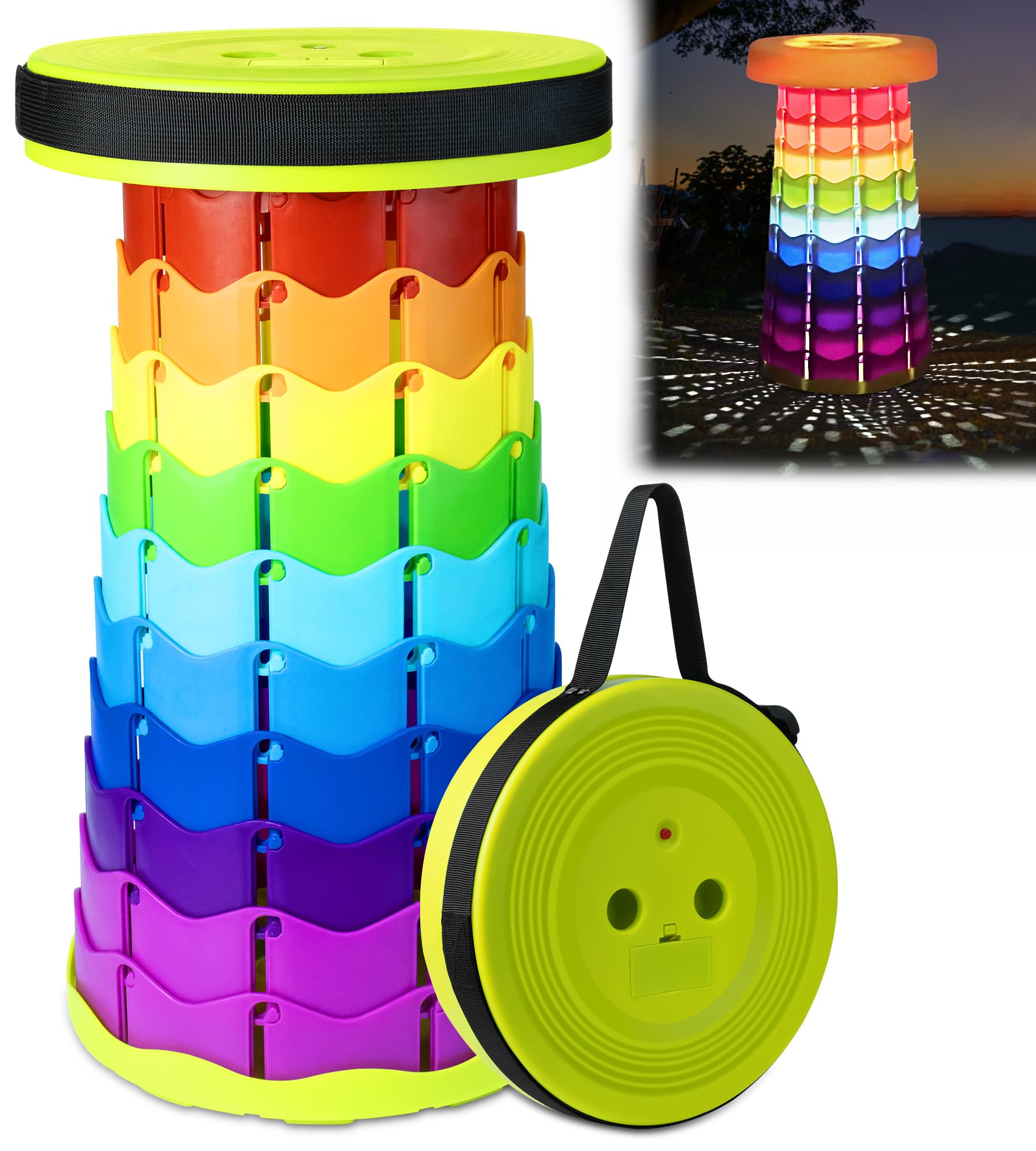 DeeprBling Portable Telescopic Stool Rainbow with LED Light, Collapsible Stools for Adults, Portable Retractable Folding Stool for Camping Fishing, Lightweight Outdoor Telescopic Stool, Load 330lbs