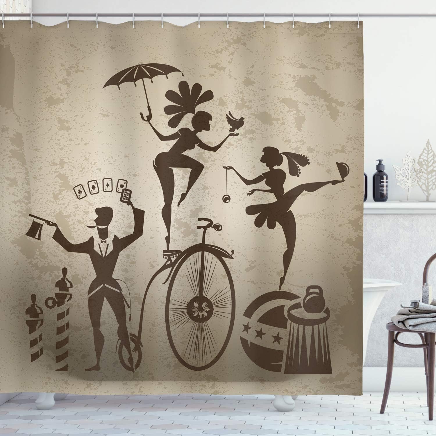 Amazon Com Ambesonne Circus Shower Curtain Silhouette Circus Performers As Magician Doing Card Trick And Girl On Unicycle Cloth Fabric Bathroom Decor Set With Hooks 70 Inches Beige And Brown Home Kitchen