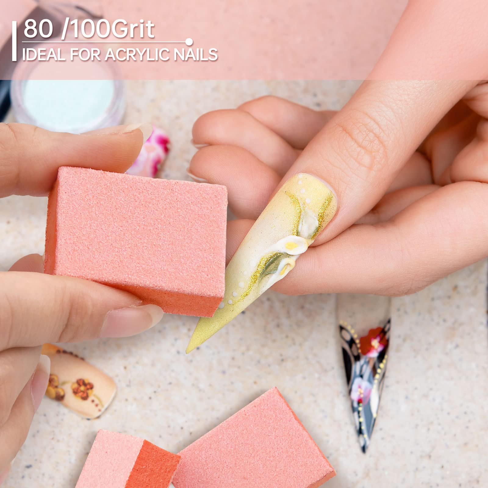 Maryton Mini Nail Buffer Blocks - 80/100 Grit Professional Salon Orange Buffers - Buff Nails Prior to Application of Gel Polish, Acrylic, 50 Count