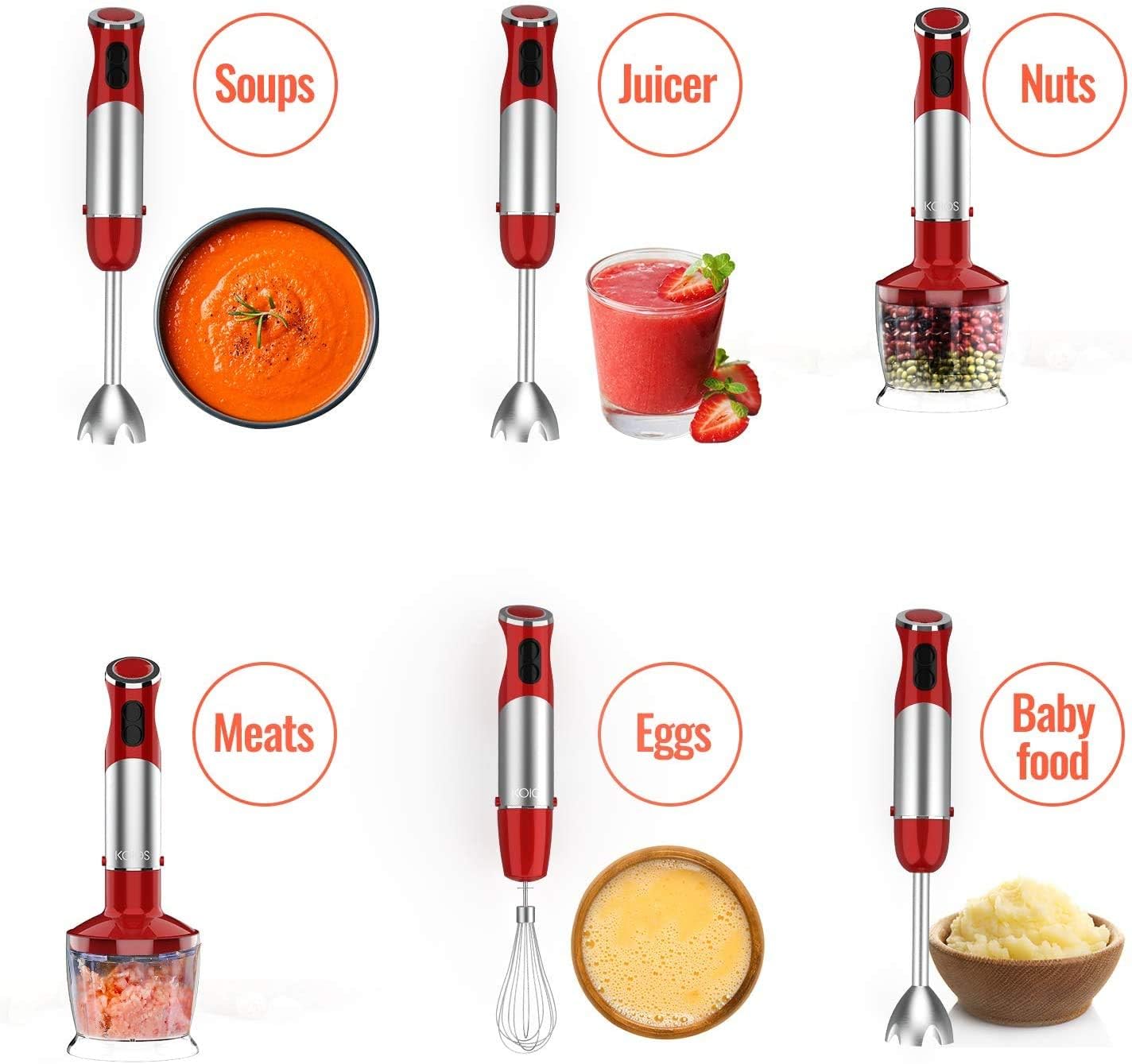 KOIOS 800W 4-in-1 Multifunctional Immersion Hand Blender, 12 Speed, 304 Stainless Steel Stick Blender, Titanium Plated Blade, 600ml Mixing Beaker, 500ml Food Processor, Whisk Attachment, BPA-Free, Red: Kitchen & Dining