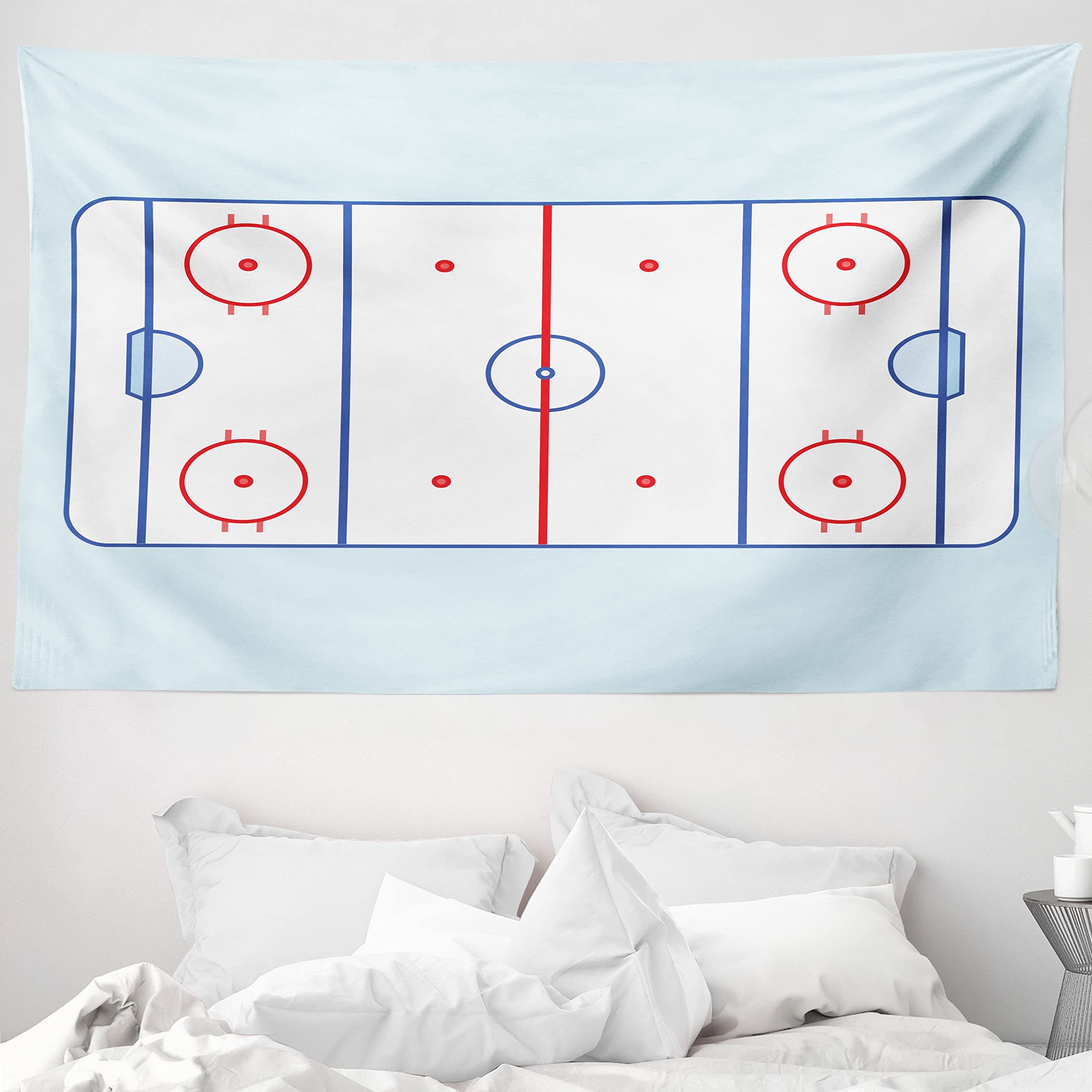ABAKUHAUS Hockey Tapestry, Ice Hockey Field in Blue Tones and Red Graphic Outline for Sport Events, Fabric Wall Hanging Decor for Bedroom Living Room Dorm, 90 W X 54 L, Blue Red Pale Blue