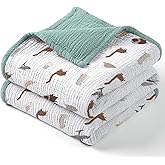 lulumoon Muslin Baby Blanket - Cotton Quilt Blankets for Toddlers - Reversible Nursery Crib Blanket for Baby Boys and Girls 47"x47"(Sage Dinosaur)