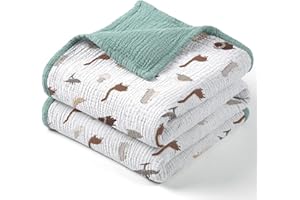 Lulu moon Muslin Baby Blanket - Cotton Quilt Blankets for Toddlers - Reversible Nursery Crib Blanket for Baby Boys and Girls 47"x47"(Sage Dinosaur)