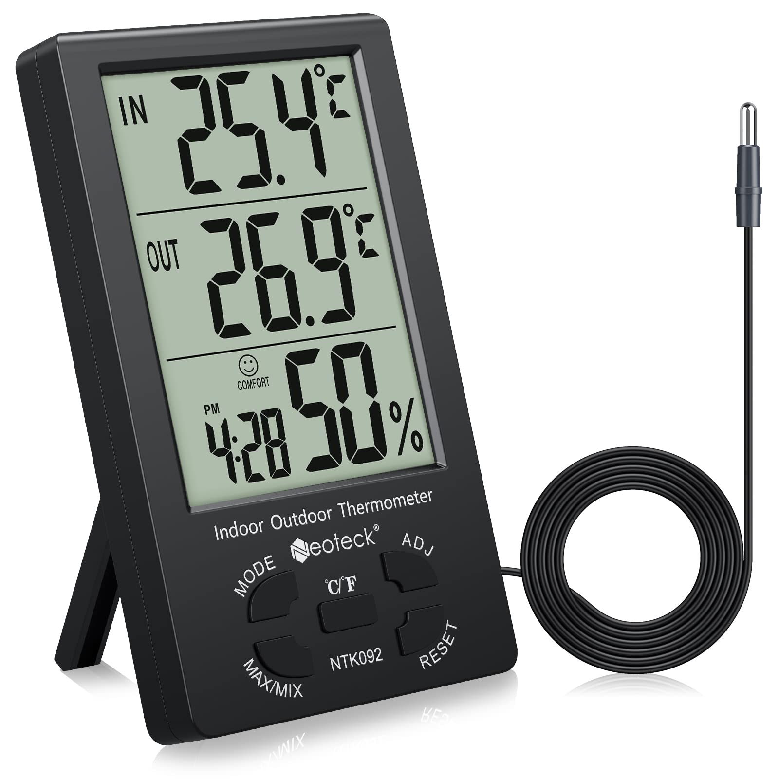 Neoteck Thermometer Hygrometer LCD Digital Indoor Outdoor Hygrometer Humidity Thermometer Temperature Meter Min/Max Value 1.5m Sensor Wire for Management of Air Conditioning Office Hotel Room Black