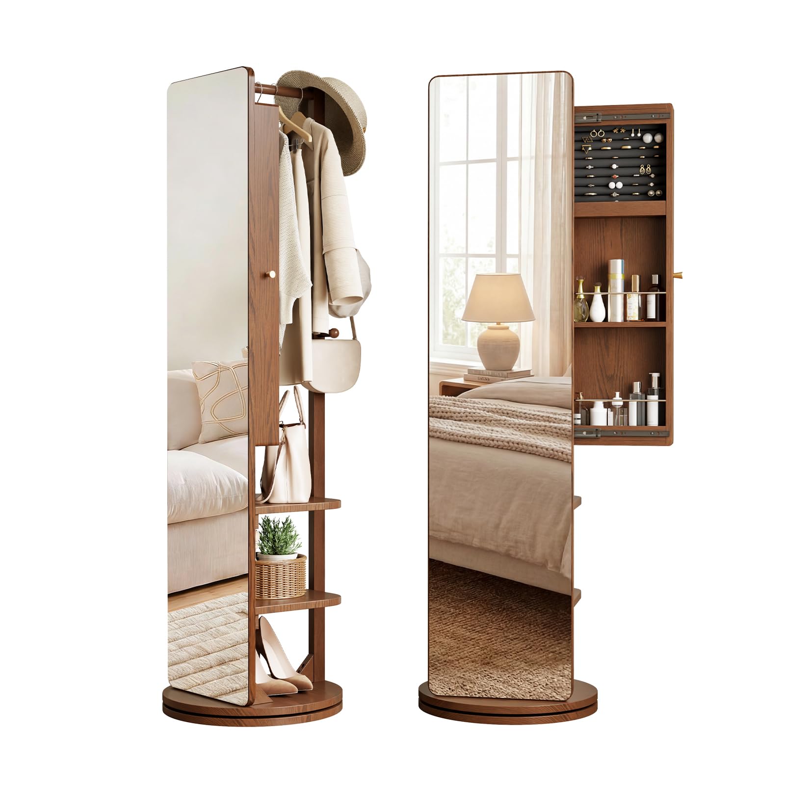 Photo 1 of Mansfieler 69" H Solid Wood Mirror Jewelry Cabinet,360°Swivel Jewelry Organizer,Jewelry Armoire Cabinet Standing,Full Length Mirror with Storage&Coat Rack,Walnut